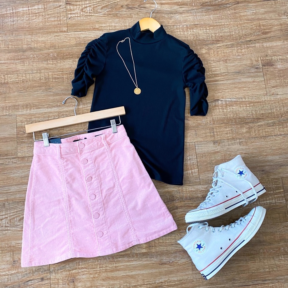 Black Label Pink Corduroy Button Front Mini Skirt